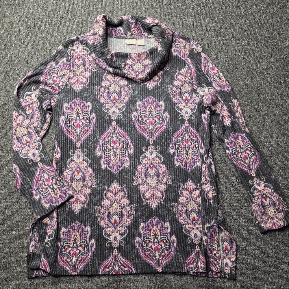 Chico's Zenergy Cowl Neck Shirt Tunic Top SZ 1 (US 8/10) Purple Medallion Print
